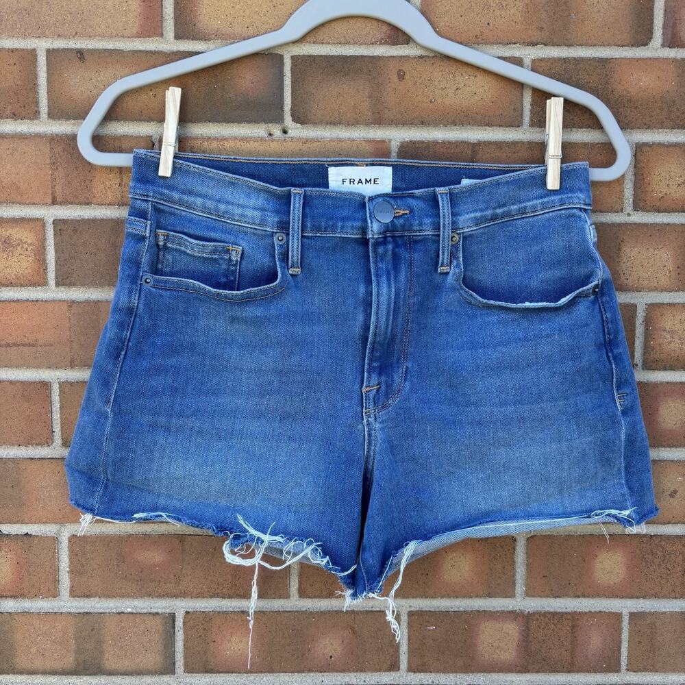 FRAME Le Brigette High Rise Raw Hem Denim Shorts Blue Wash Size 27